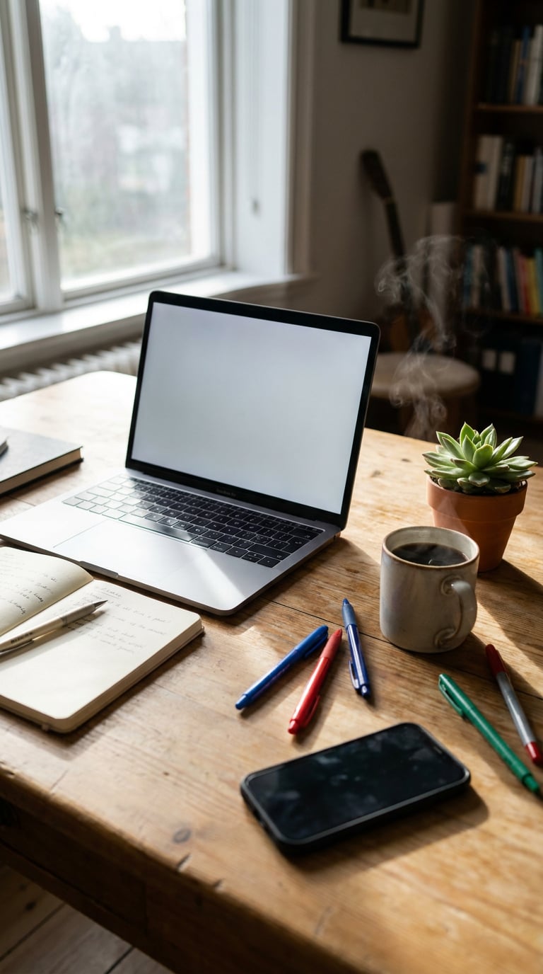 A workspace featuring a laptop, notebook, pens, a coffee mug, and a potted plant on a wooden table.