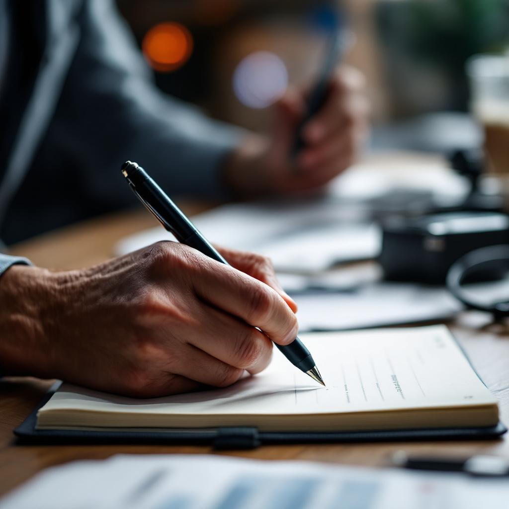 A close-up of a person's hand writing in a notebook with a pen.