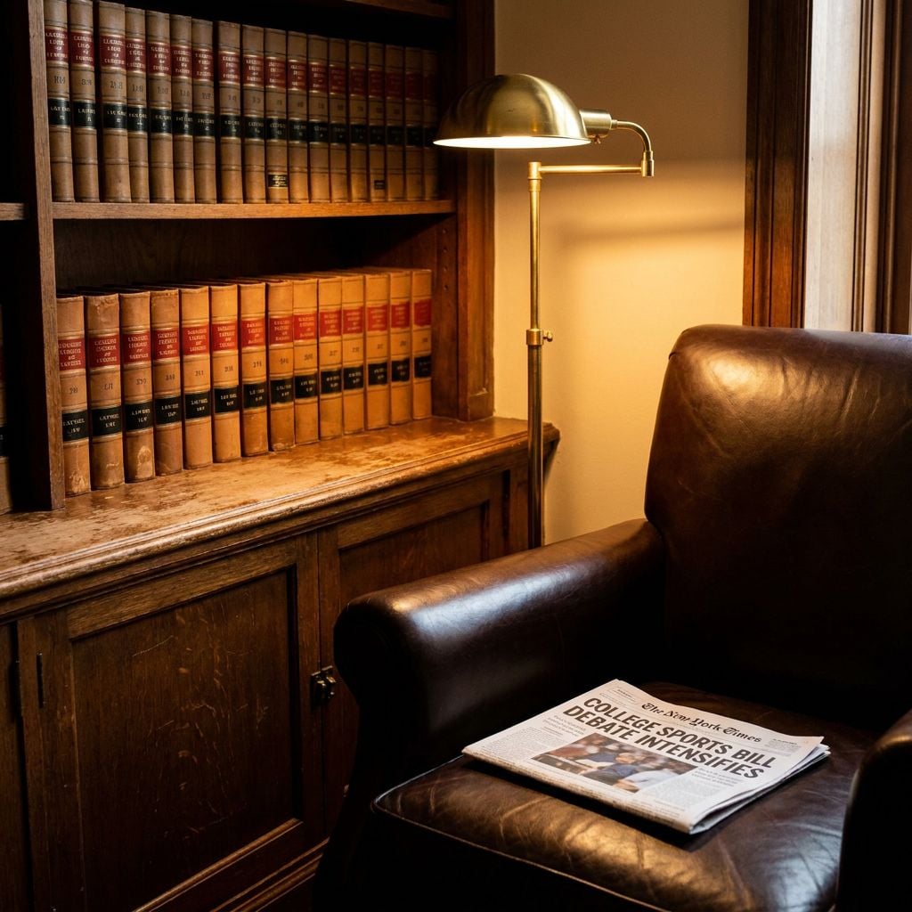 A cozy reading nook featuring a leather chair, a lamp, and a newspaper on a wooden table next to a bookshelf filled with books.