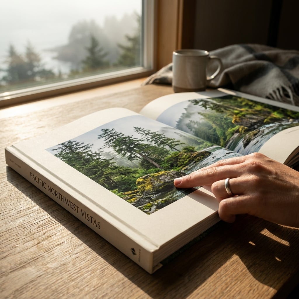 A person is pointing at a page in a book about the Pacific Northwest while sitting by a window with a view of nature.