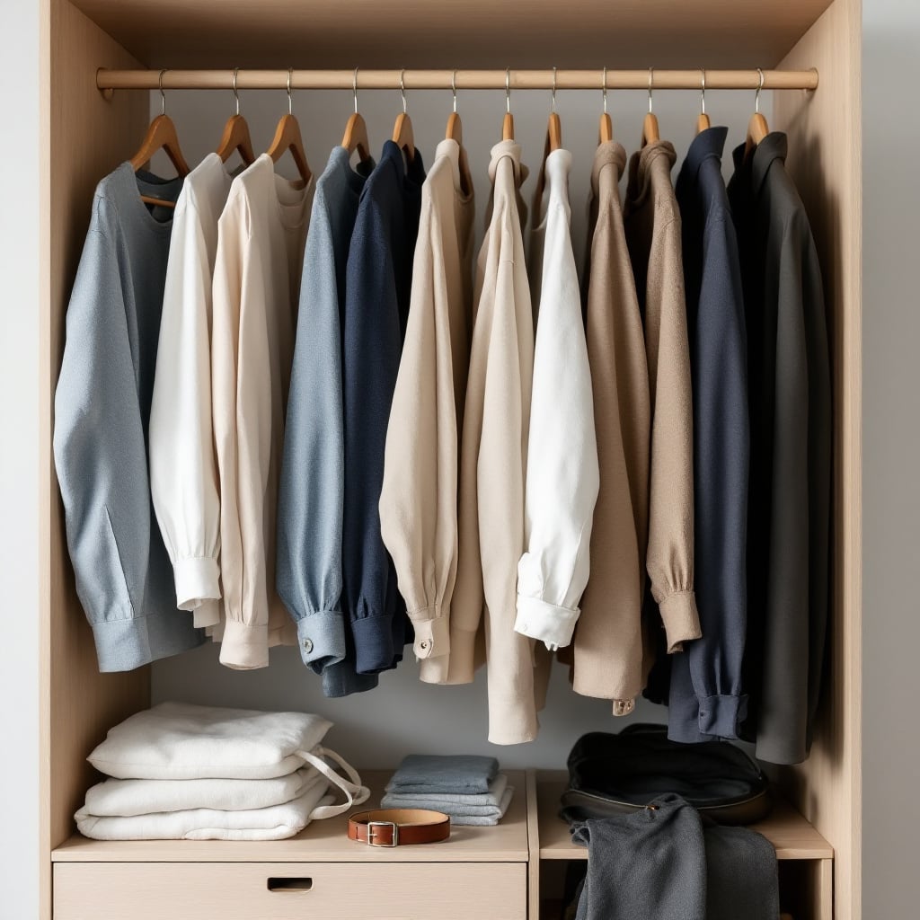 A neatly organized wardrobe displaying various sweaters and clothing items.