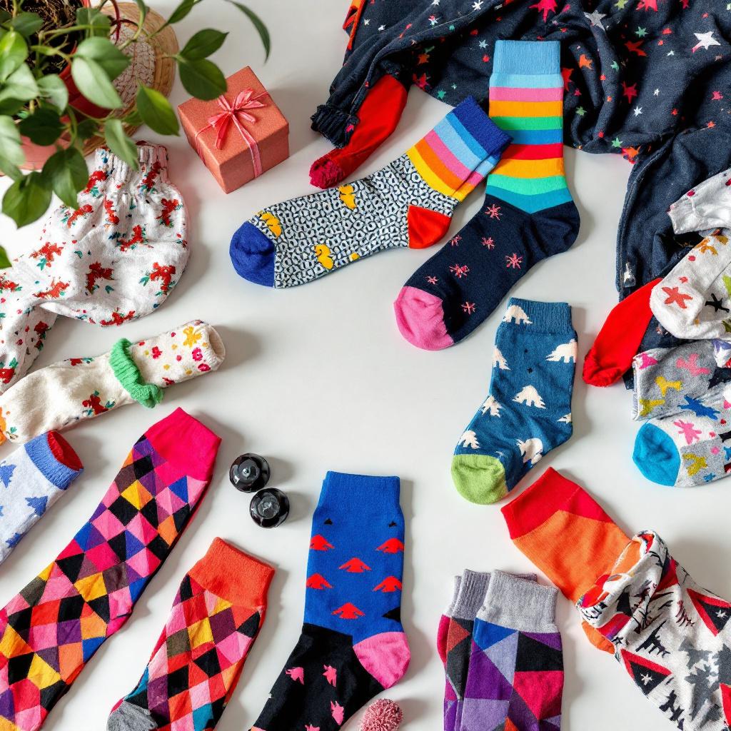 A collection of colorful and patterned socks arranged on a flat surface with a small gift box and a plant.