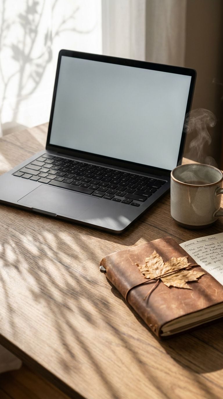 A laptop, a notebook with a leaf on it, and a cup of coffee are placed on a wooden table.