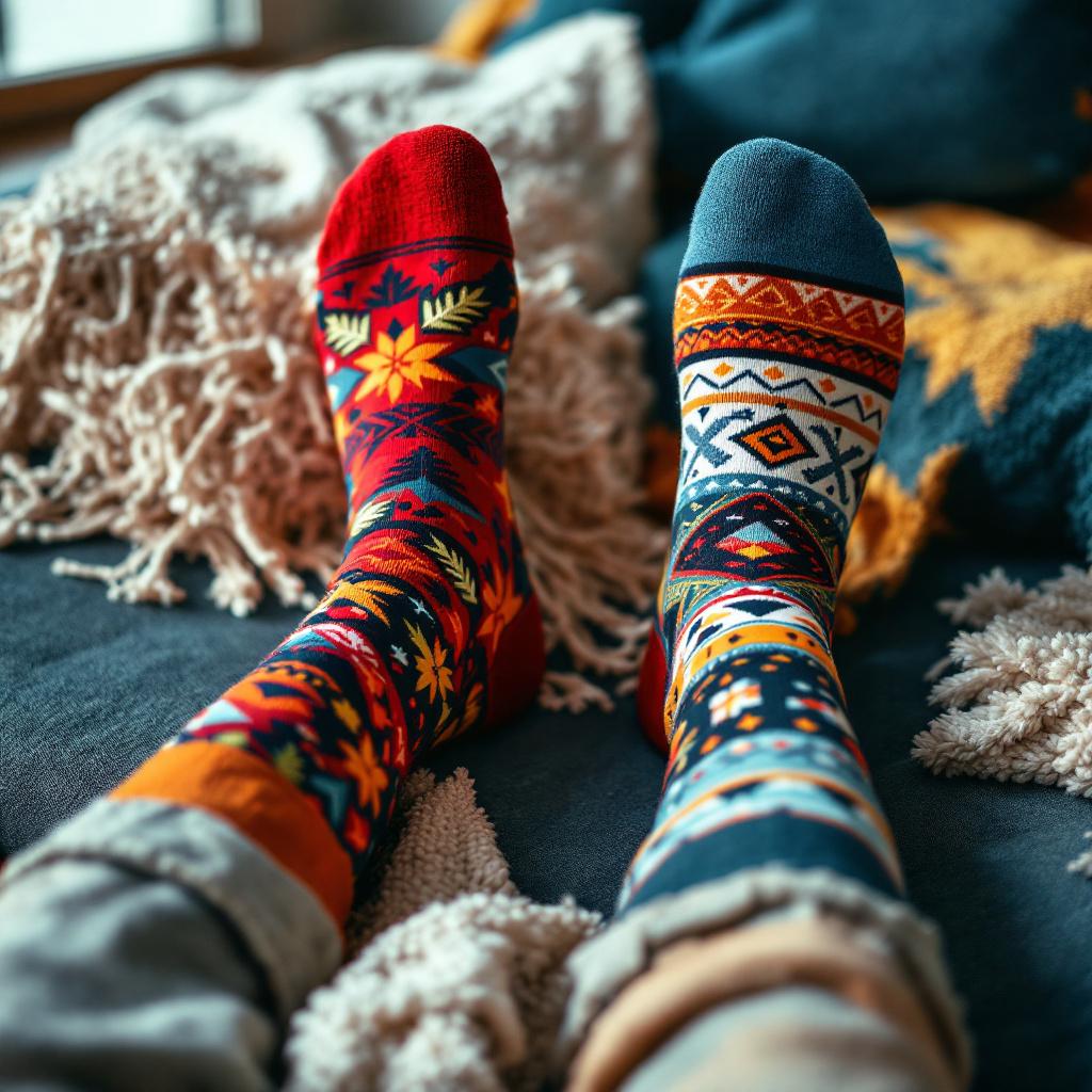 A pair of feet wearing mismatched colorful socks on a cozy blanket.