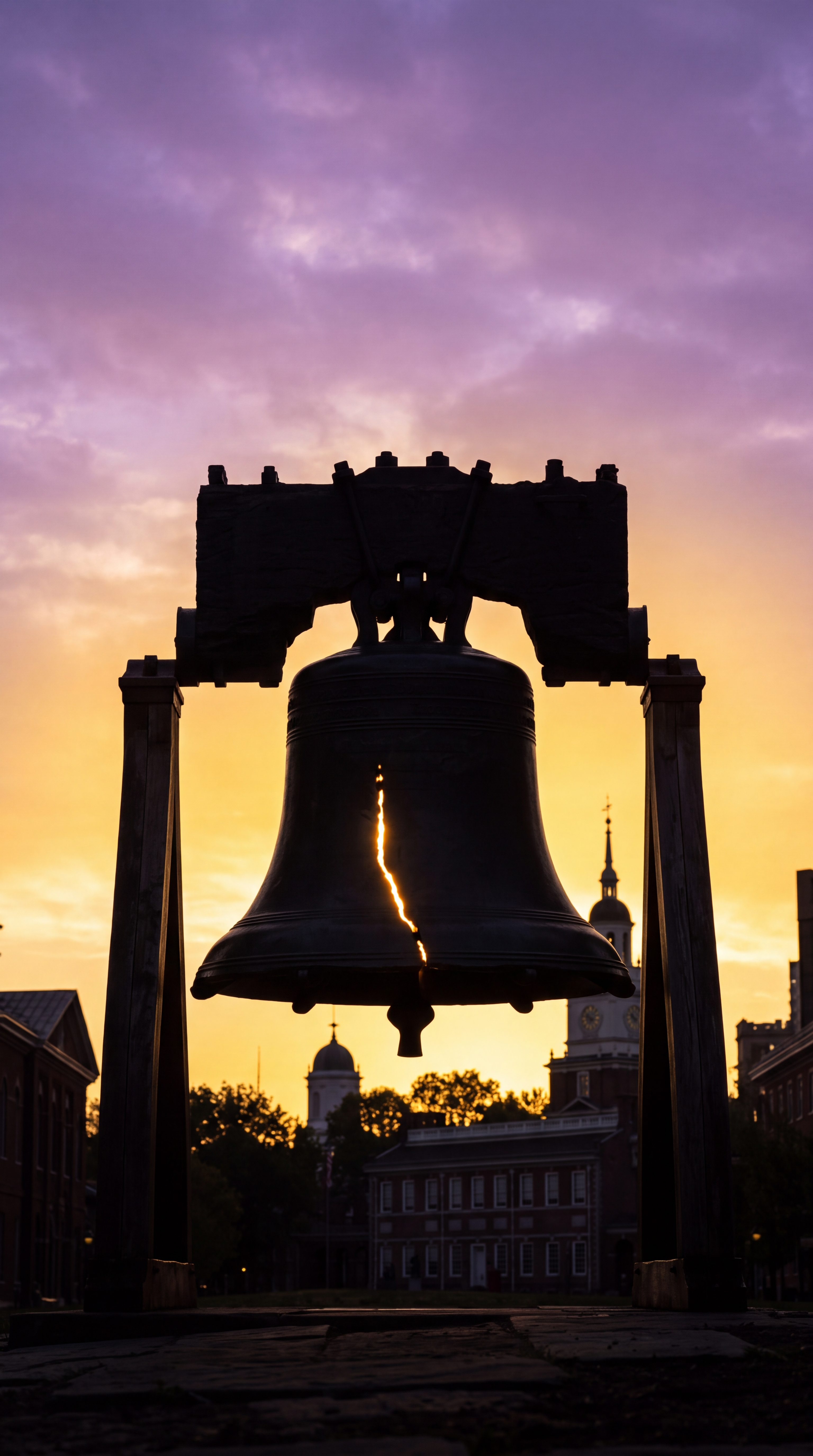 The image shows the Liberty Bell silhouetted against a colorful sunset.