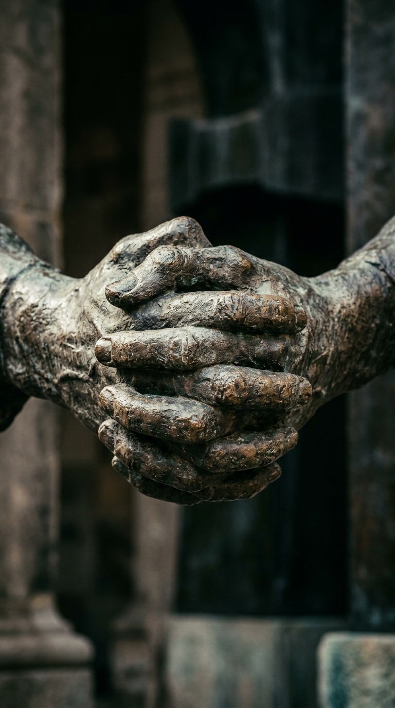 A close-up of two bronze hands clasped together in a gesture of unity.