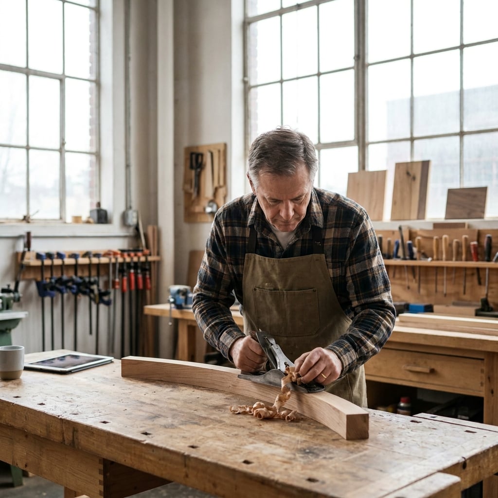 A man is using a hand plane on a piece of wood in a workshop.