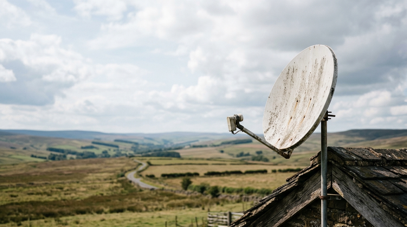 A satellite dish is mounted on a roof overlooking a rural landscape with rolling hills and a winding road.