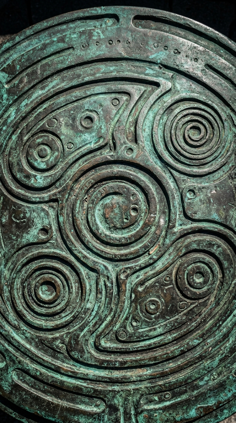 A close-up view of a circular bronze sculpture featuring intricate swirling patterns.