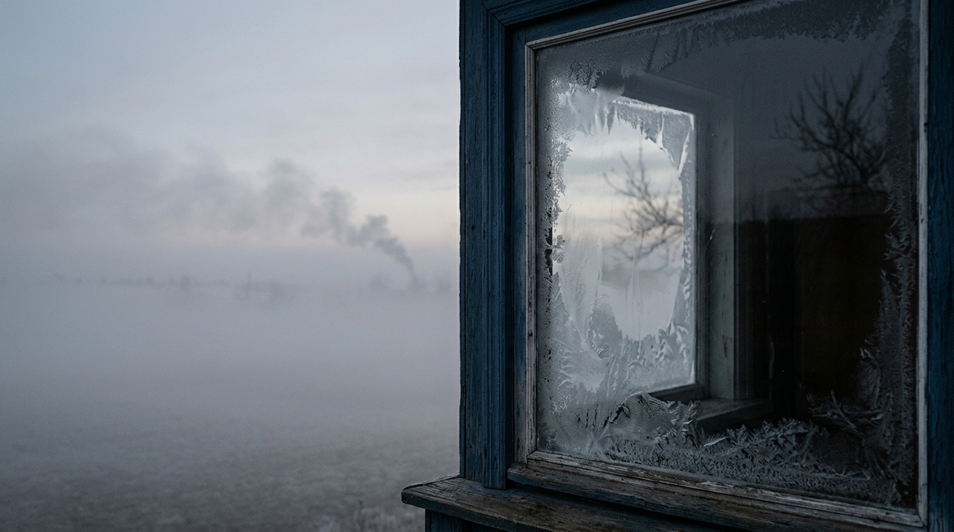 A frosted window with a view of a foggy landscape and a distant plume of smoke.