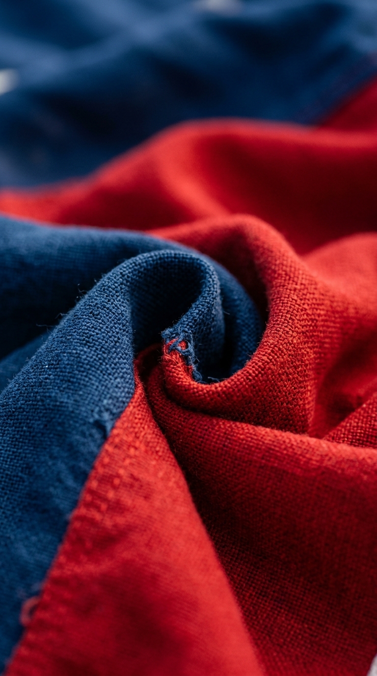 A close-up of a wrinkled fabric with red and blue colors.