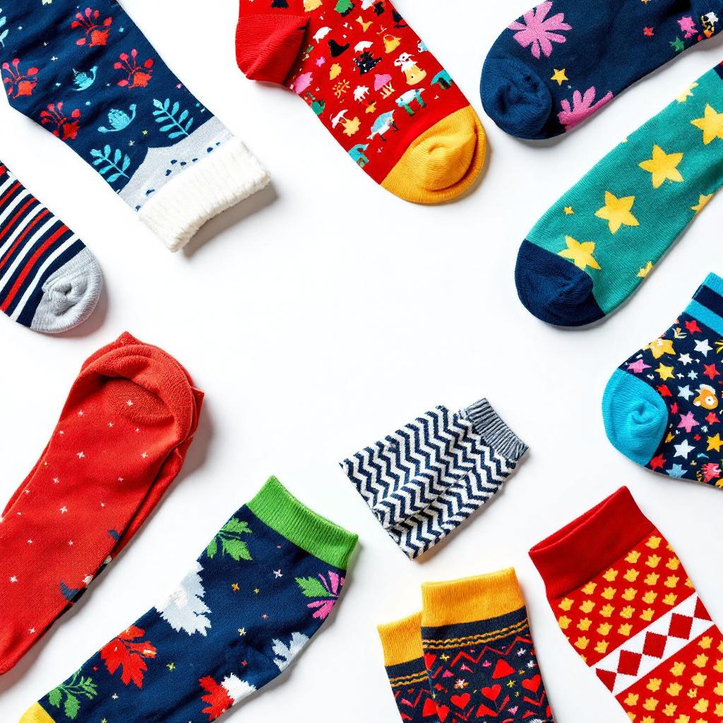 A collection of colorful and patterned socks arranged in a circular layout on a white background.