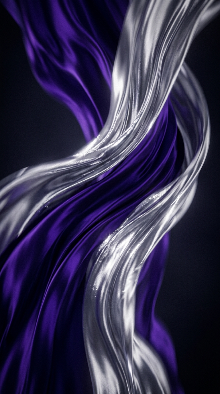 A close-up of flowing fabric in purple and silver colors.