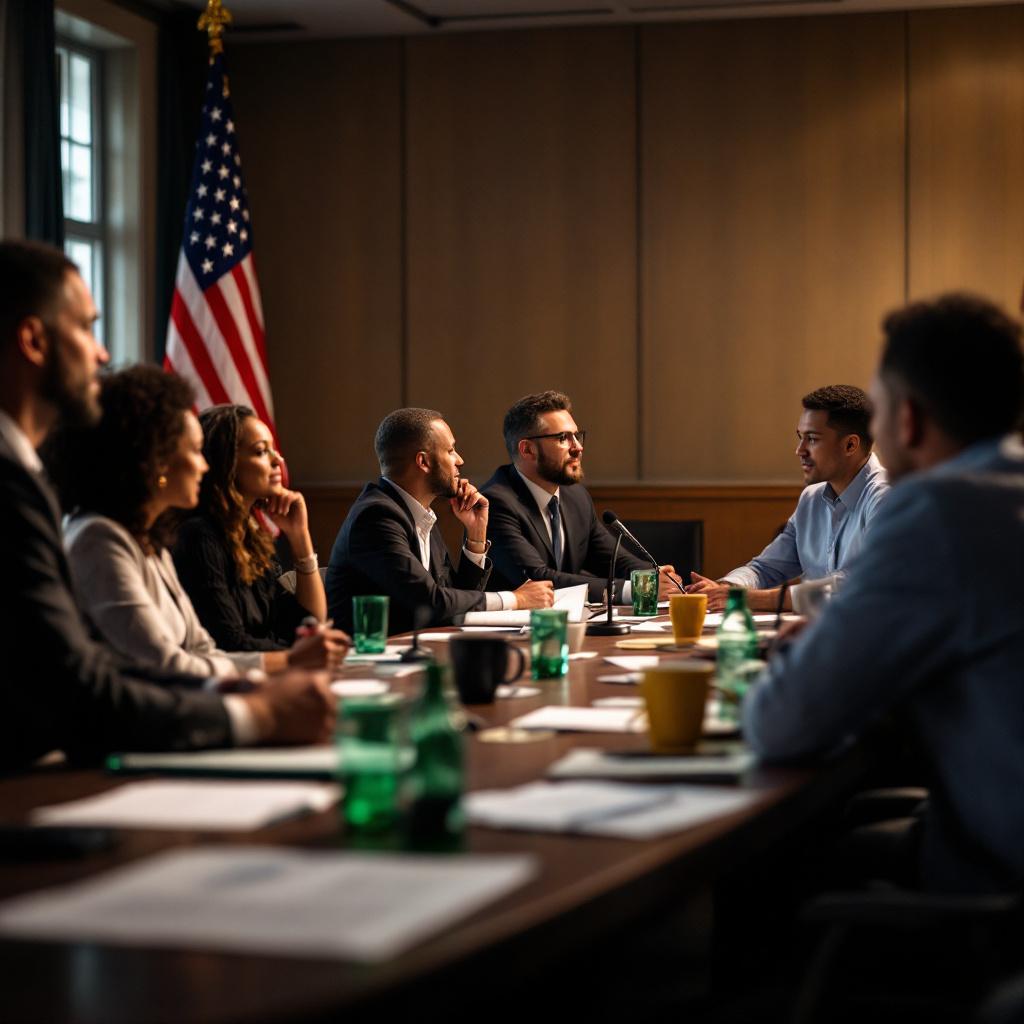 A group of professionals engaged in a meeting around a conference table.