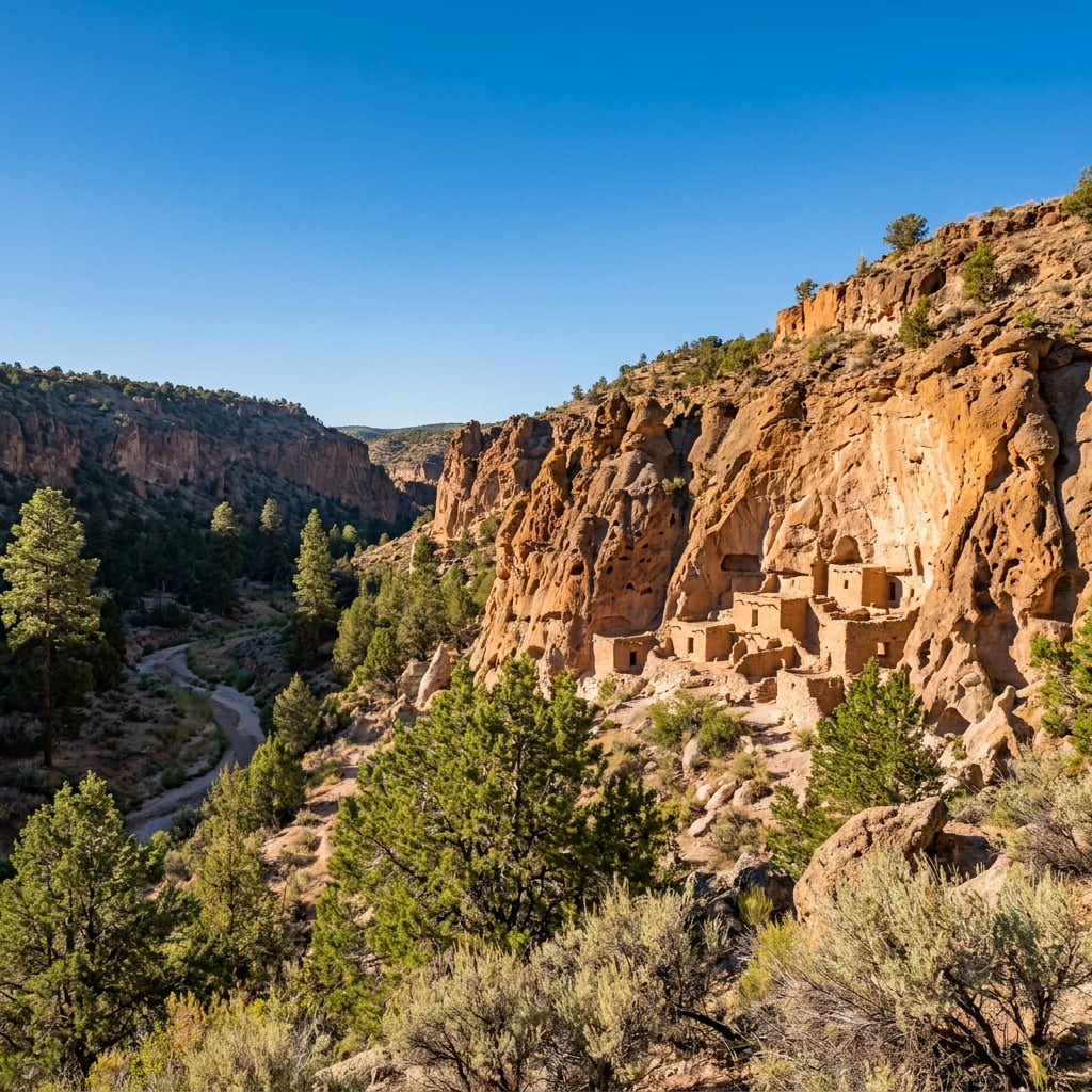 The image shows ancient cliff dwellings nestled in a rocky landscape surrounded by trees.