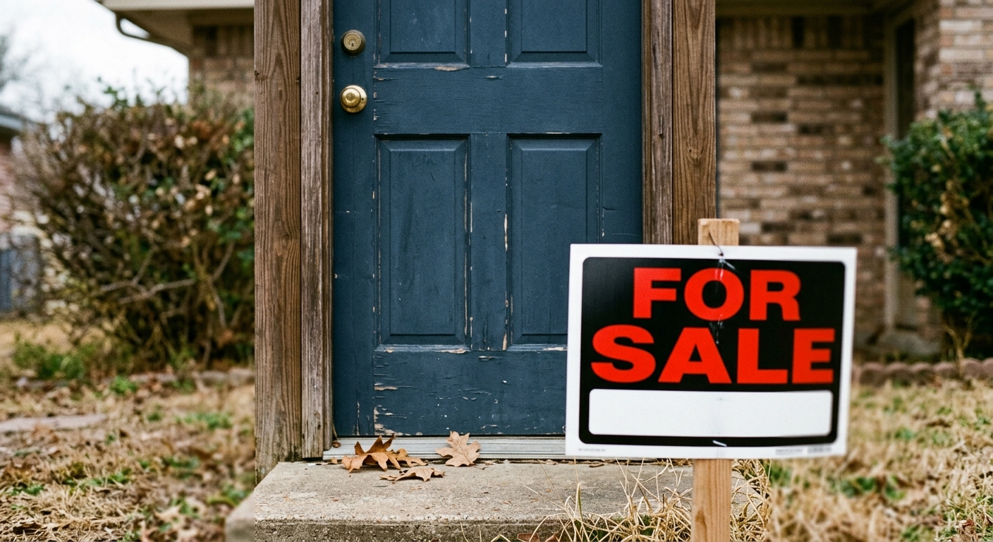 A blue door with a 'For Sale' sign in front of it.