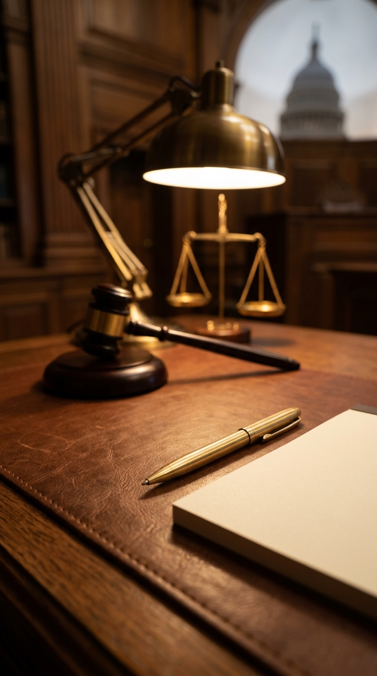 A close-up view of a gavel, scales of justice, a pen, and a notepad on a wooden desk in a law office.