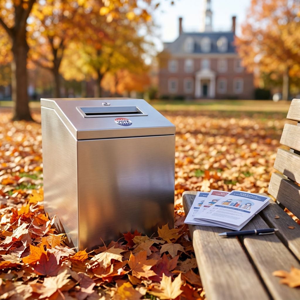 A stainless steel trash bin is placed on a park bench surrounded by autumn leaves.