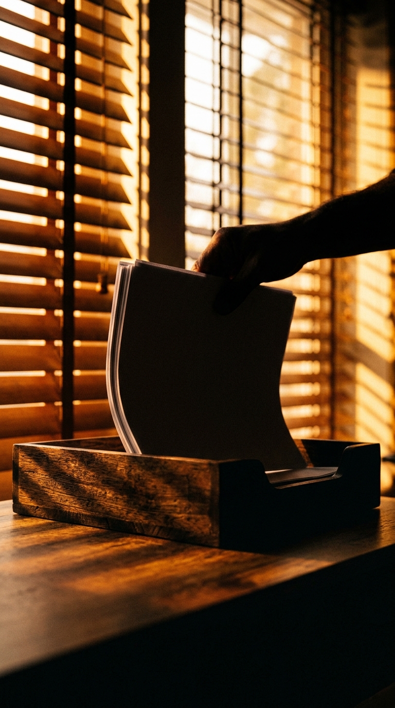 A hand is seen flipping through a stack of blank papers in a wooden box near a window with blinds.
