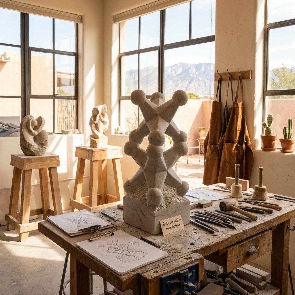 A sculptor's studio featuring various sculptures and tools.