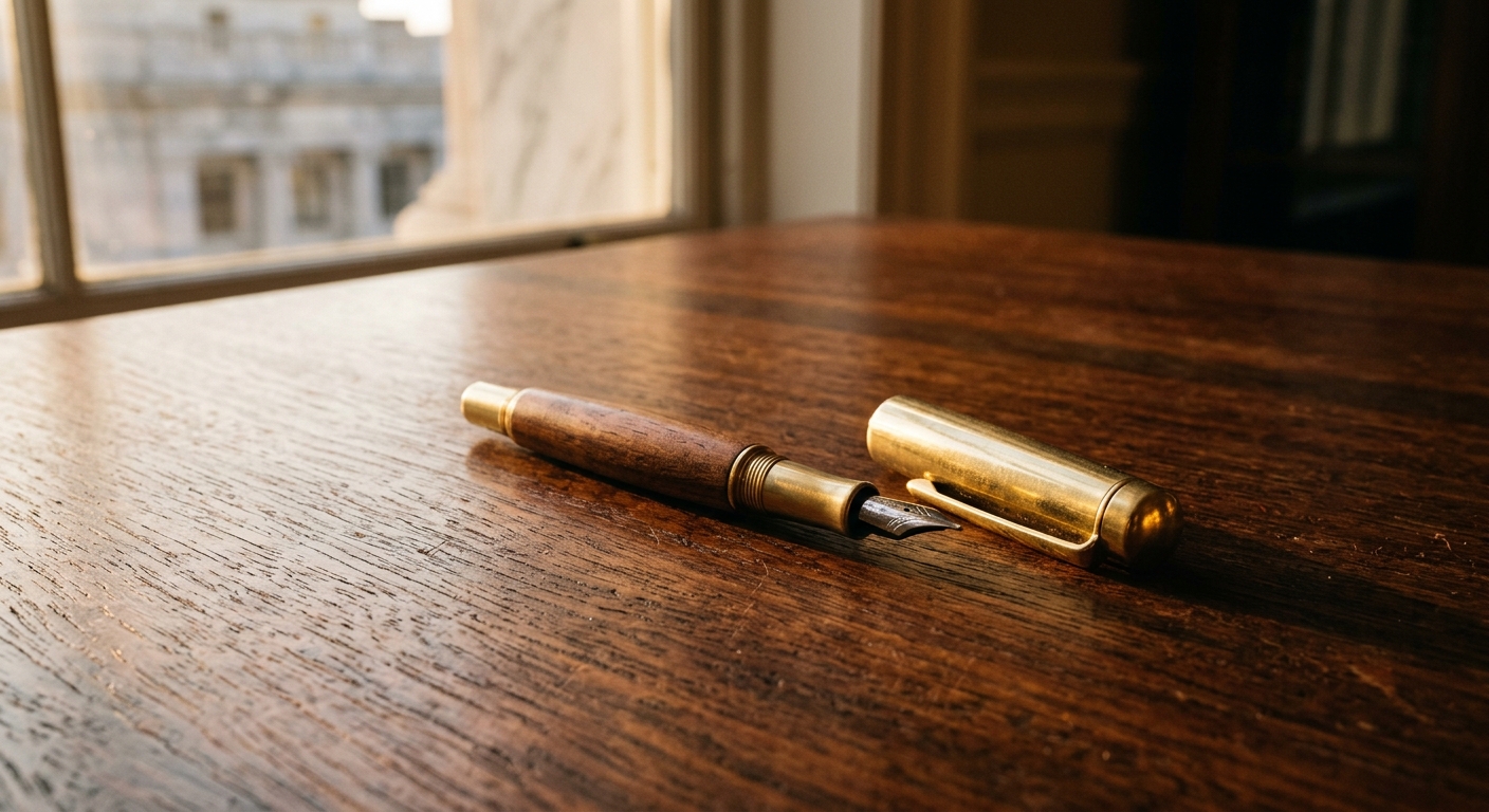 A fountain pen rests on a wooden table near a window.
