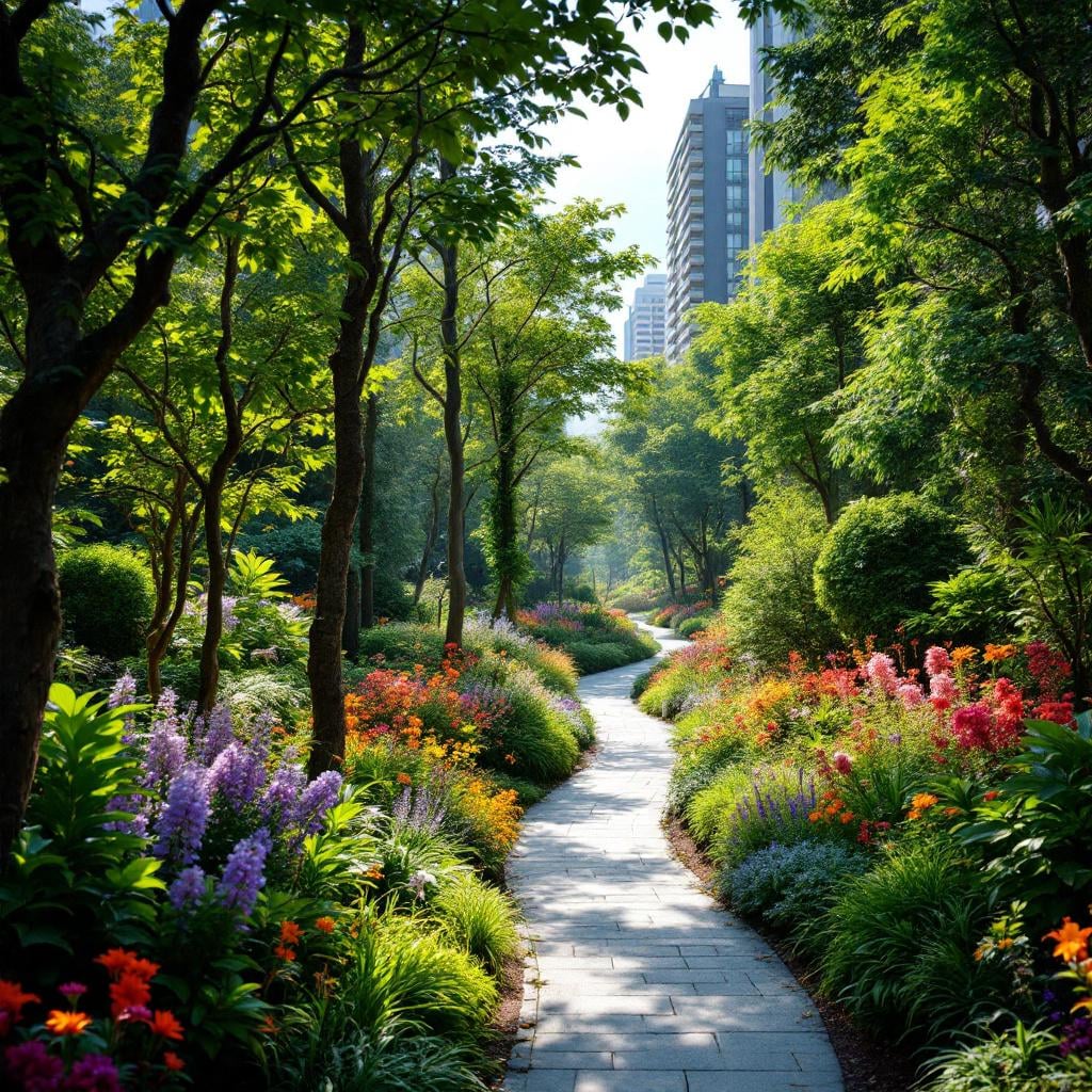 A winding path through a lush garden filled with colorful flowers and trees.