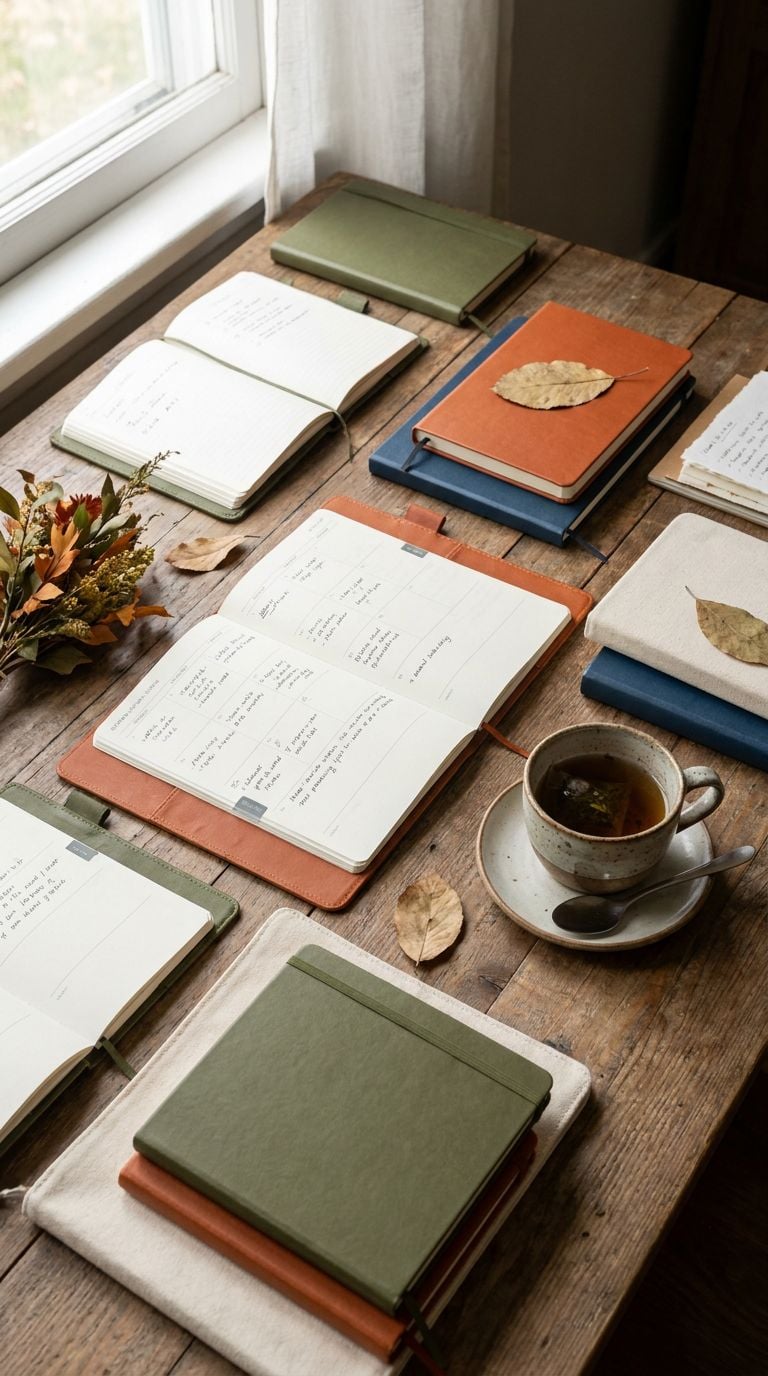 A wooden table is covered with various notebooks, a cup of tea, and decorative leaves.