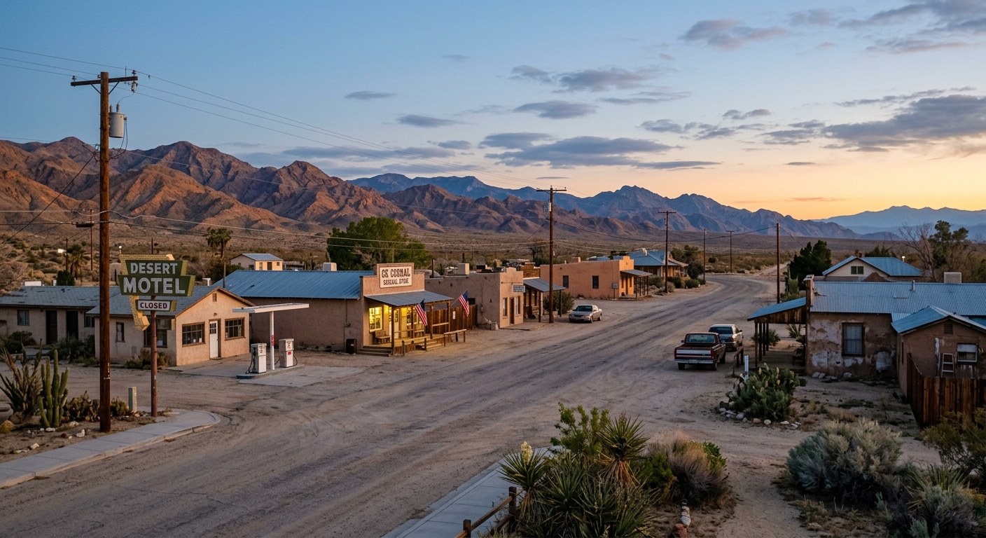 A small desert town with a motel and mountains in the background during sunset.