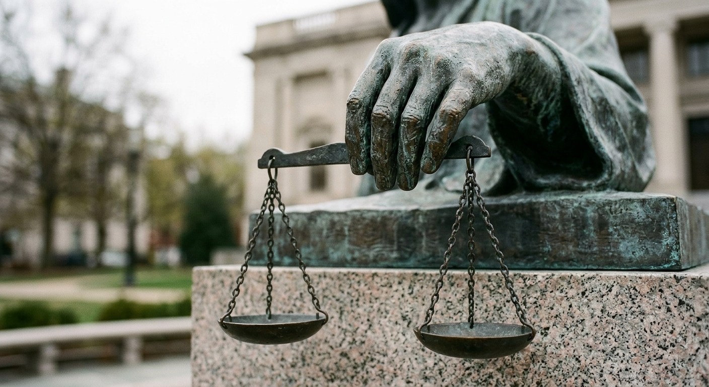 A close-up of a statue depicting a hand holding scales of justice.