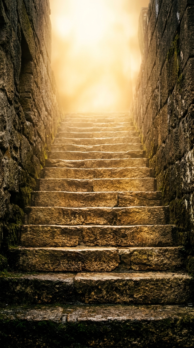 A stone staircase leads upward into a foggy light.