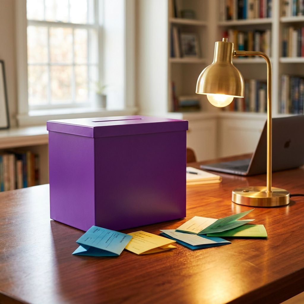 A purple ballot box is placed on a wooden desk with scattered voting cards nearby.
