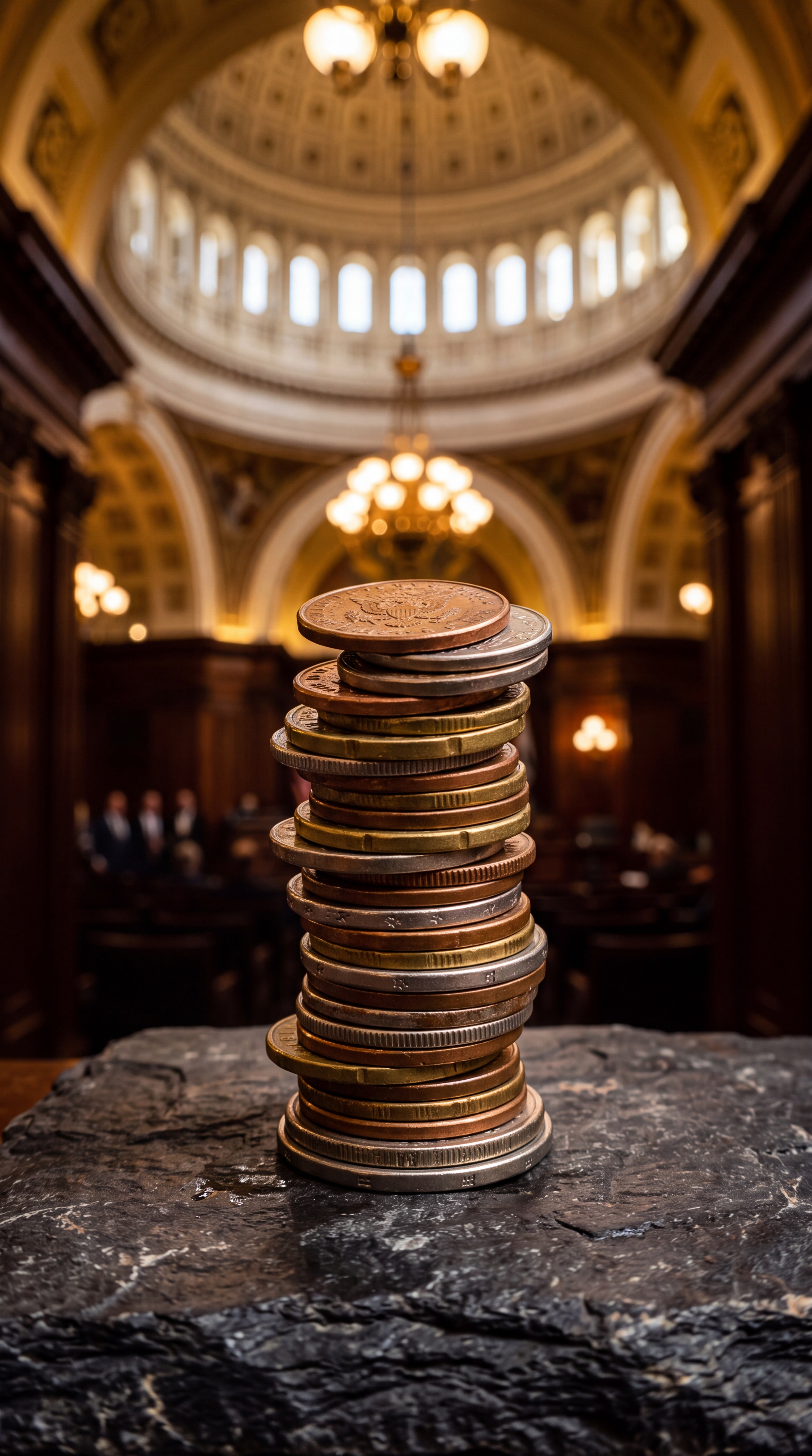 A stack of coins is placed on a stone surface in a grand interior setting with ornate architecture.