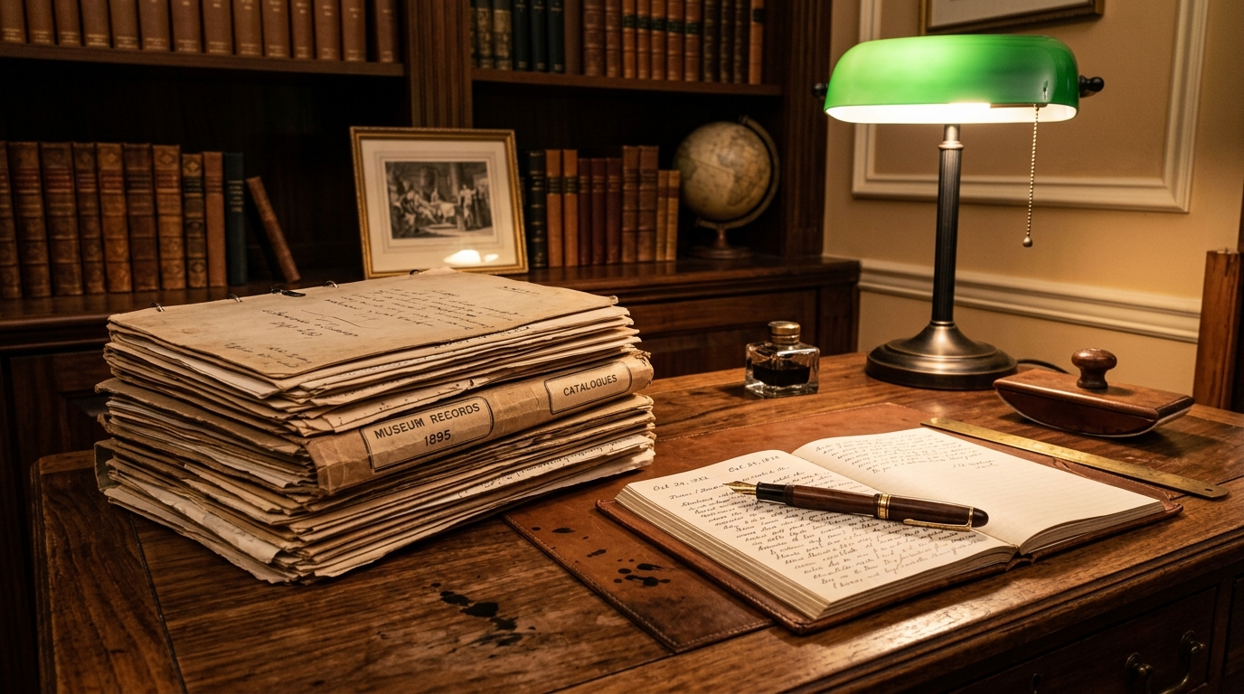 A vintage desk with stacked files, an open notebook, and a green desk lamp.