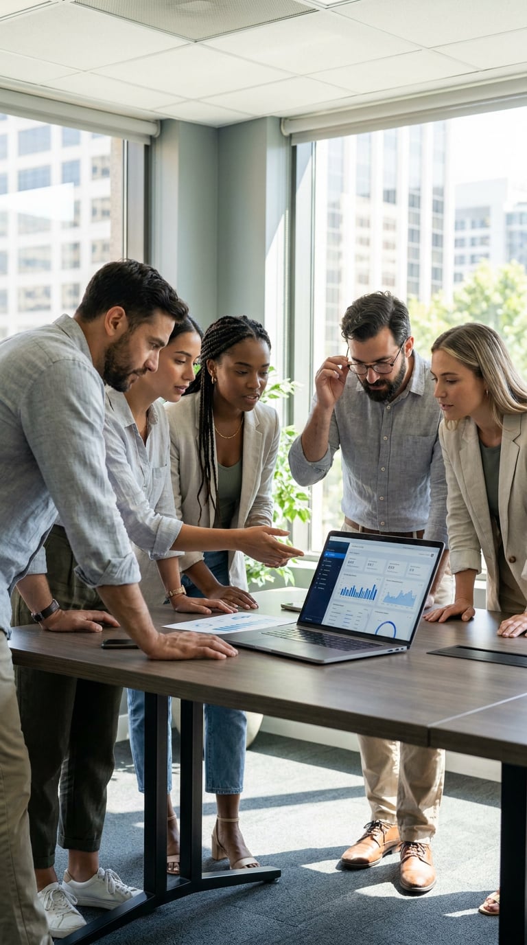 A group of professionals collaborating around a laptop in a modern office setting.