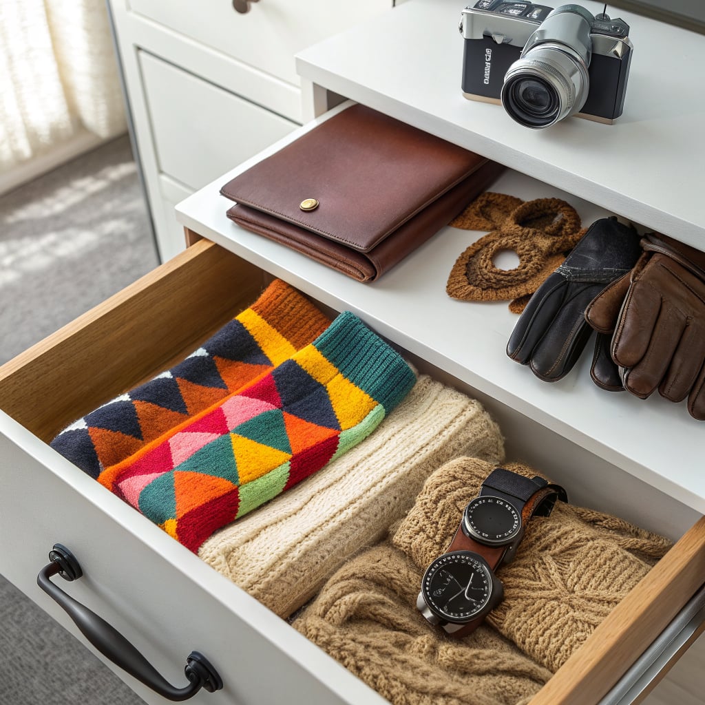 A neatly organized drawer containing colorful socks, gloves, a camera, a wallet, and watches.