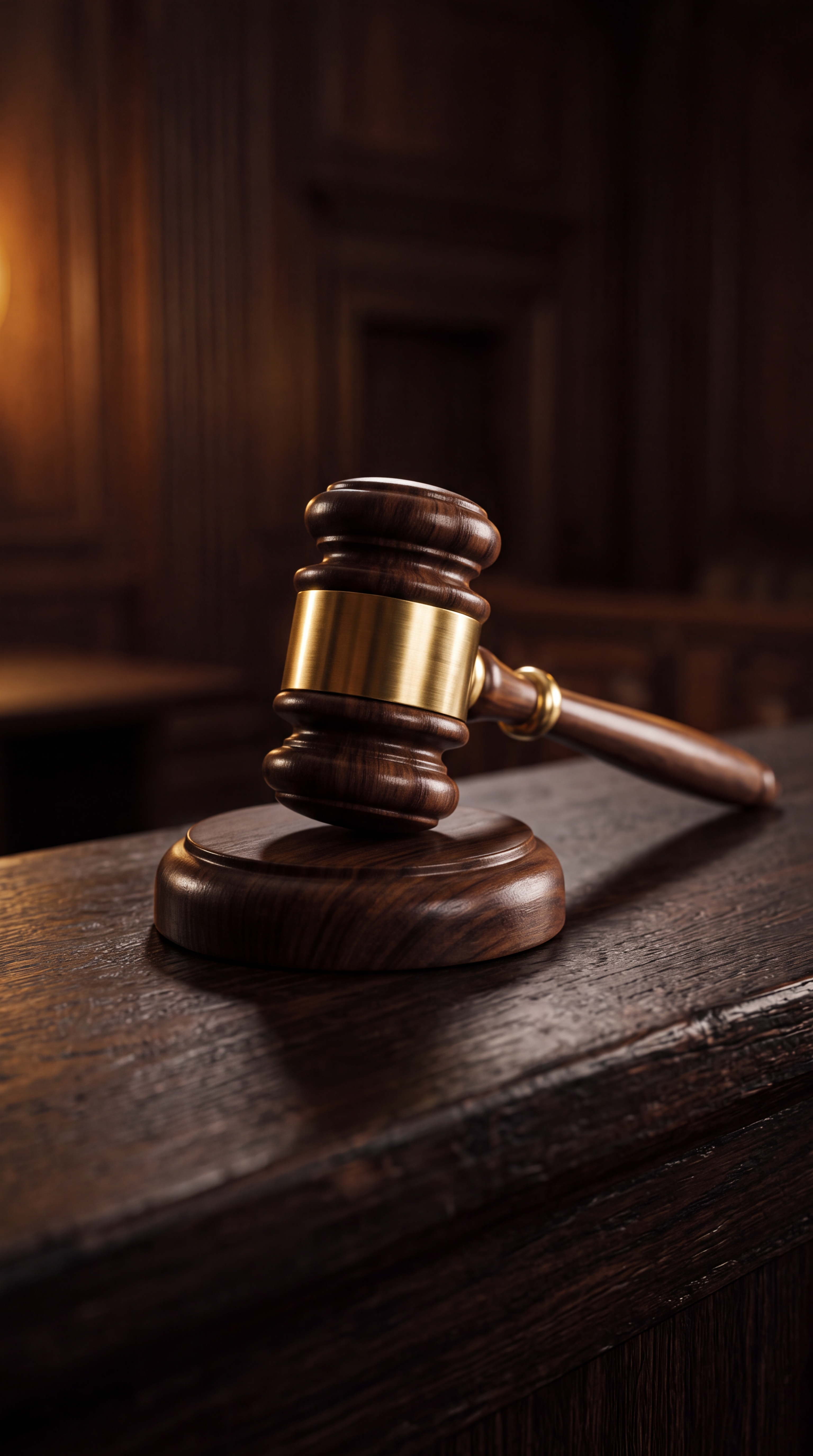 A wooden gavel resting on a wooden surface in a courtroom setting.