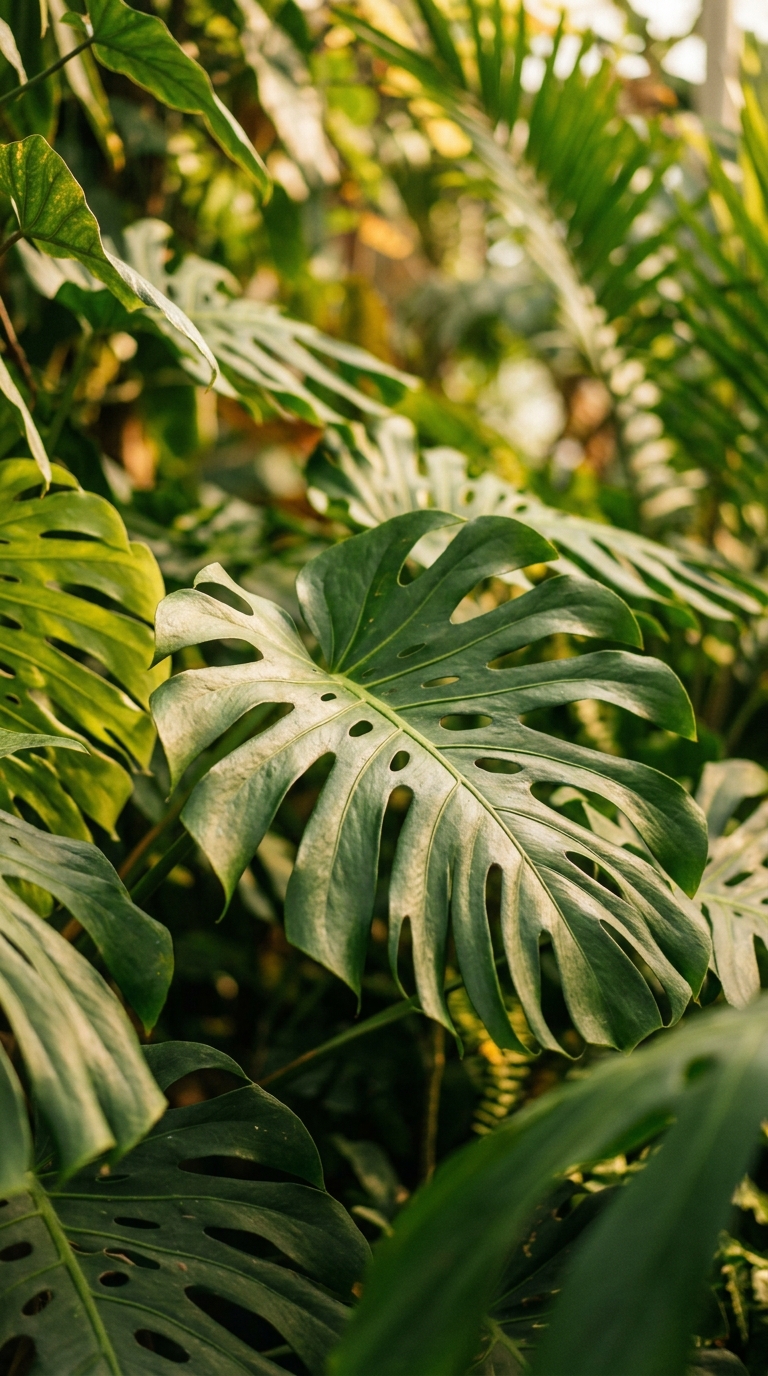 A close-up view of large green leaves in a tropical setting.