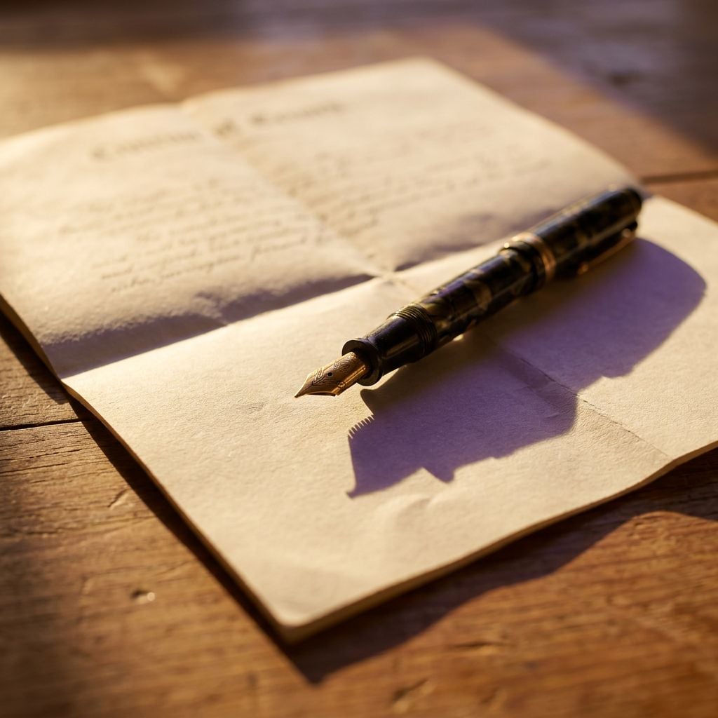 A fountain pen rests on an open document on a wooden surface.