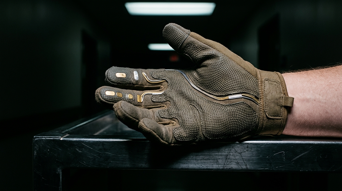 A close-up of a gloved hand resting on a metal surface.