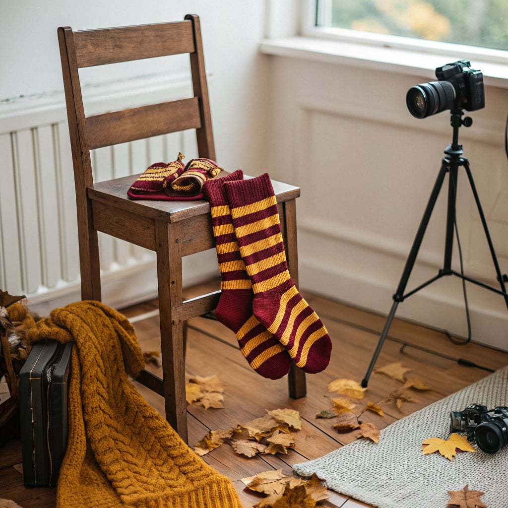 A wooden chair with striped socks and a camera in a cozy indoor setting.