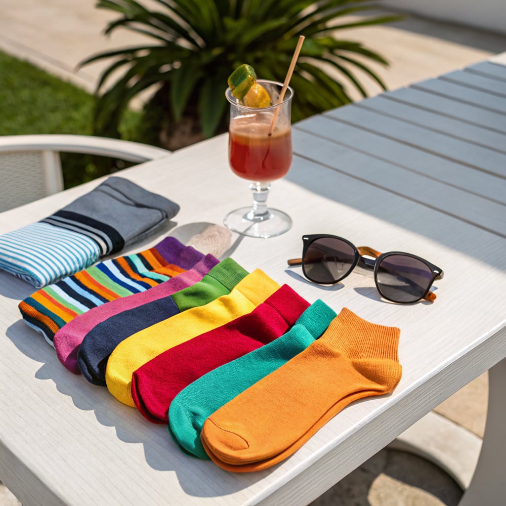 A collection of colorful socks arranged on a table next to a cocktail and sunglasses.