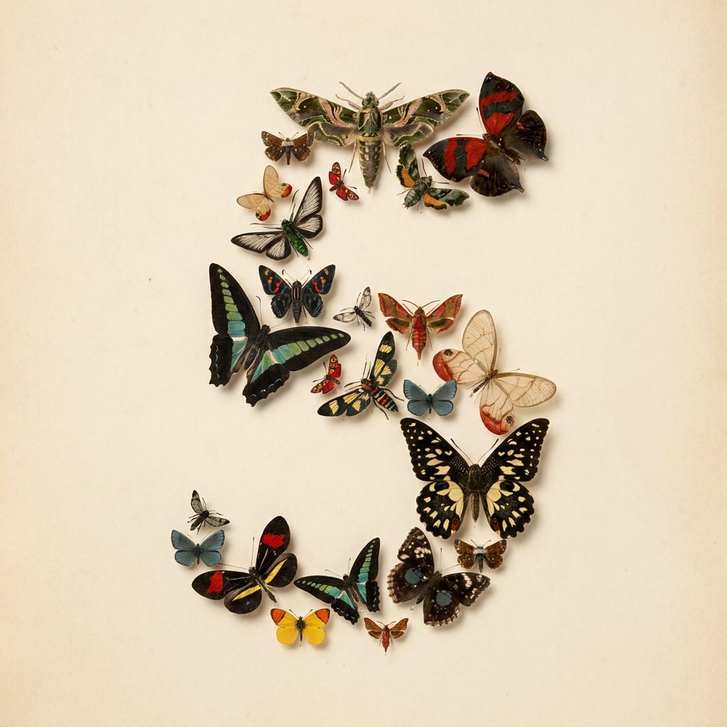 A collection of various butterflies and moths arranged in the shape of the number five.