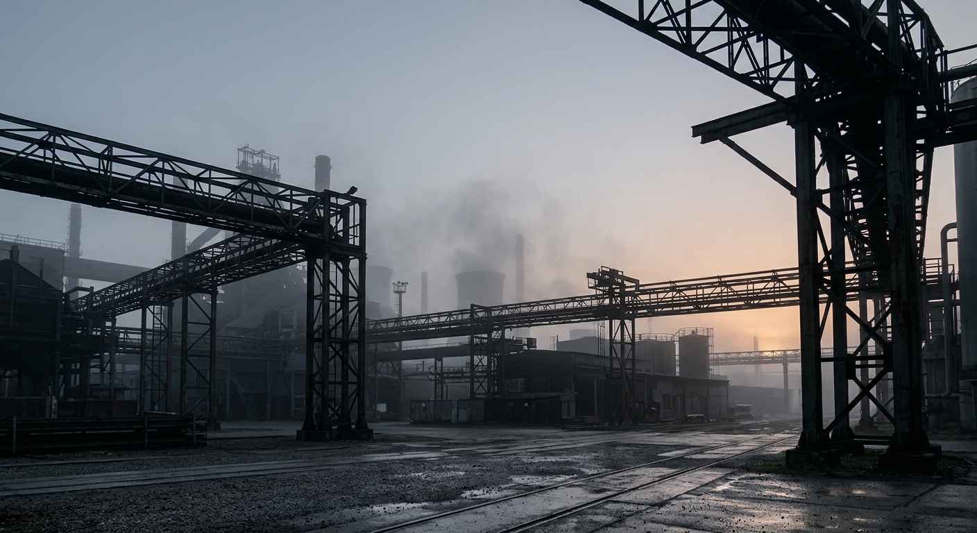An industrial landscape featuring structures and pipes in a foggy environment.