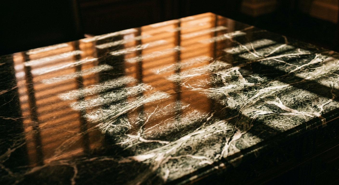 A close-up view of a polished marble surface with intricate patterns and reflections.