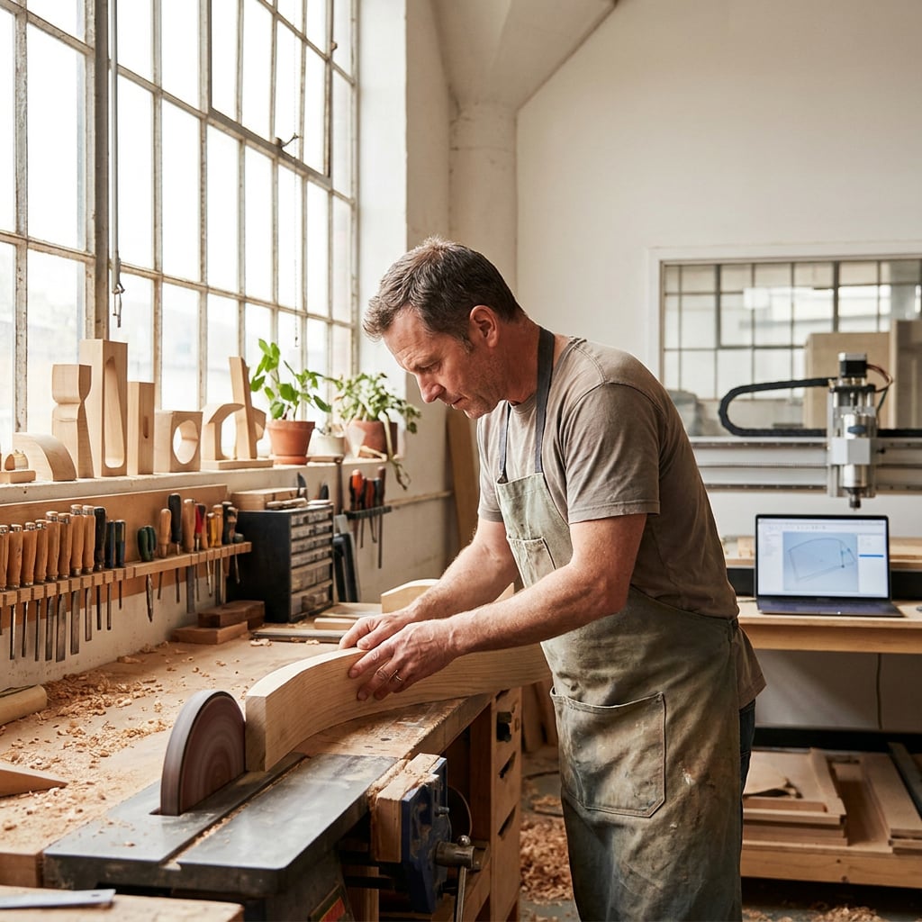 A man is working on a wooden piece in a workshop filled with tools and wood shavings.
