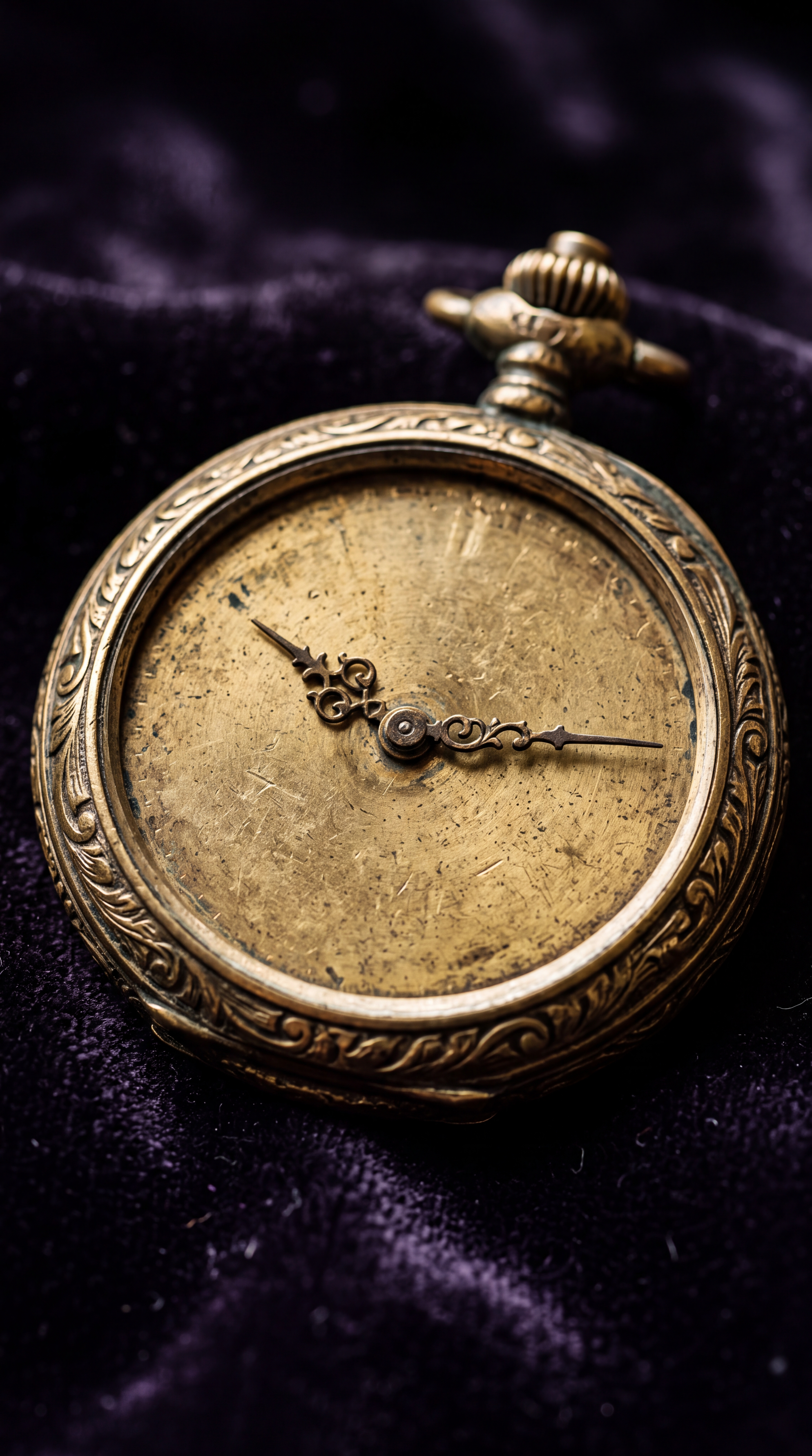 An antique pocket watch resting on a dark velvet surface.