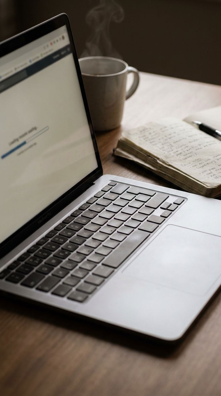 A laptop is placed on a wooden table next to a cup and a notebook.
