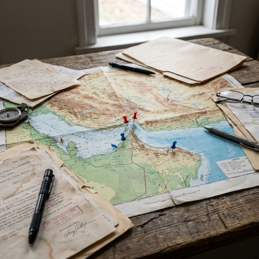 A vintage map of the Middle East is spread out on a wooden table, surrounded by various documents and writing instruments.