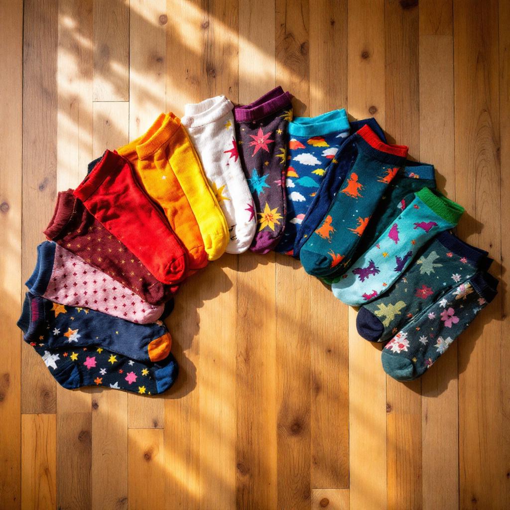 A colorful arrangement of various patterned socks laid out on a wooden floor.