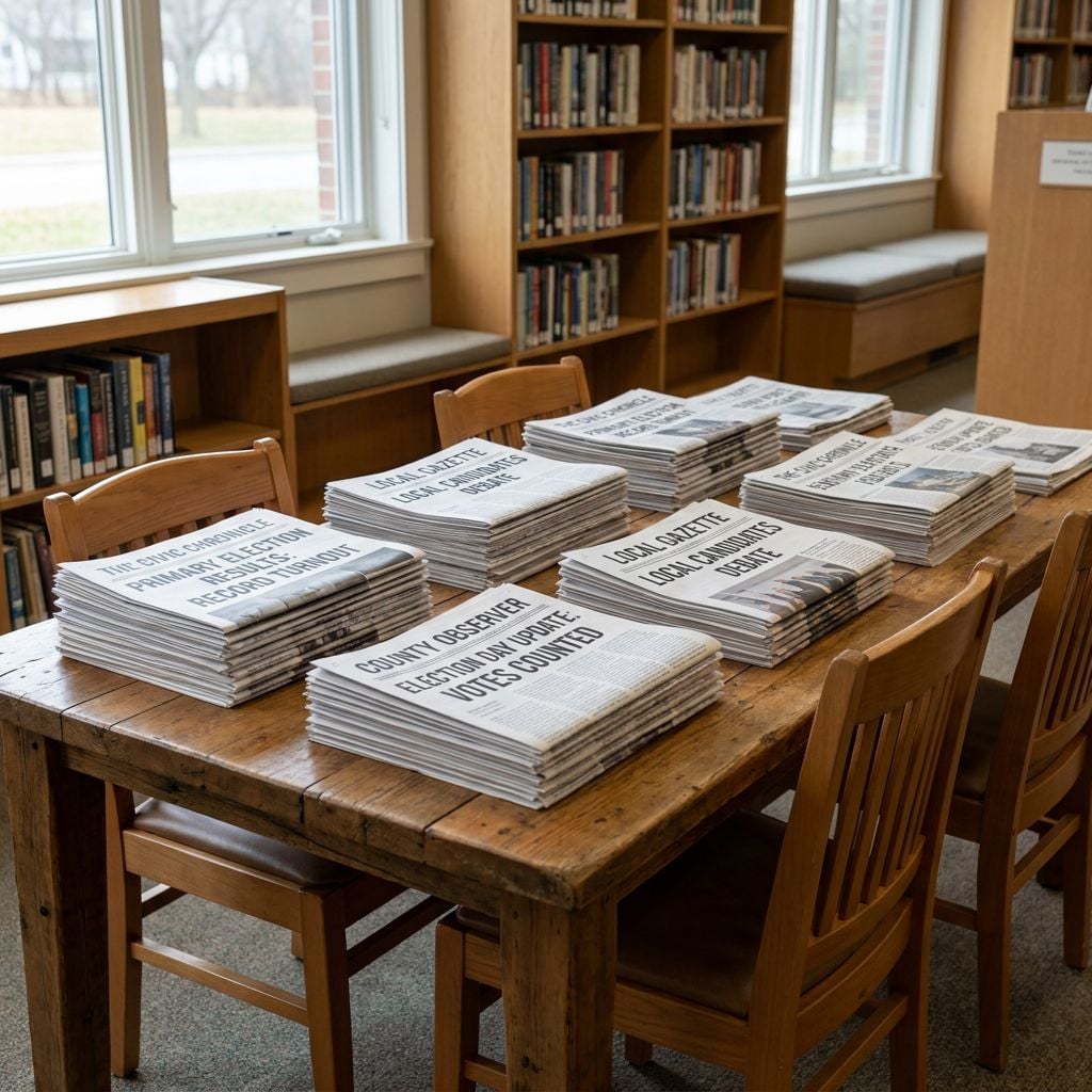 A wooden table in a library is stacked with newspapers.